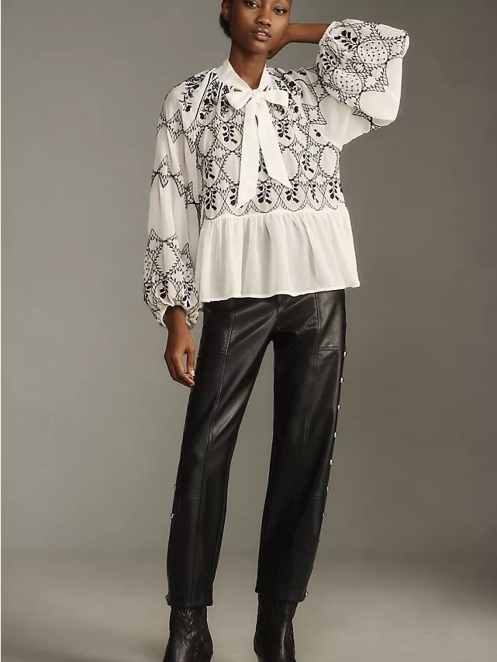 Anthropologie White Embroidered Tie-Neck Peplum Blouse